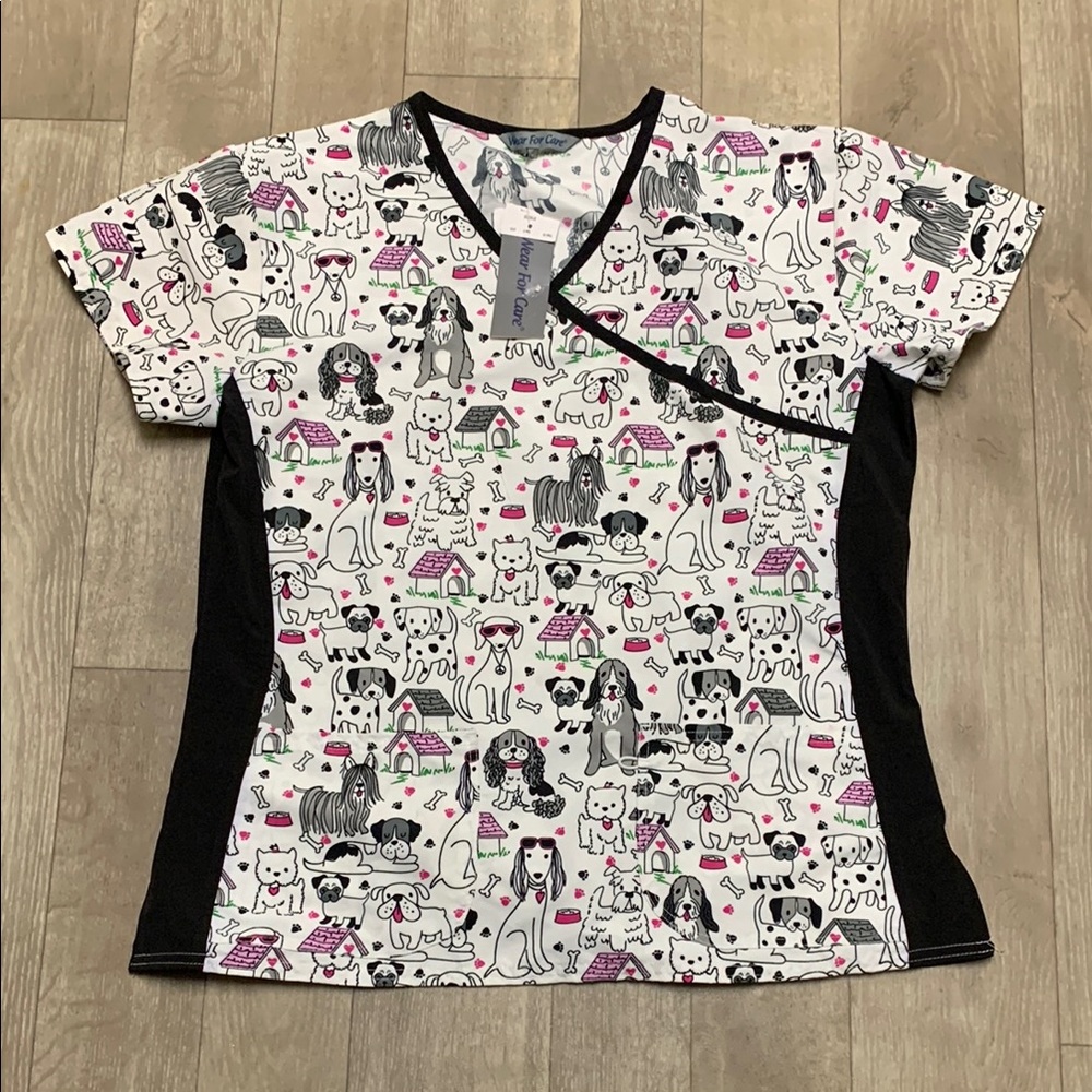 Womens NWT Wear For Care Doggie Puppy Medical Scrub Nursing‎ Top Shirt